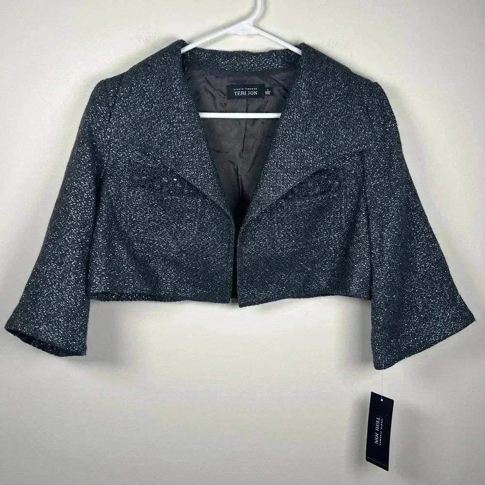 Teri Jon Women's Metallic Gray Cropped Jacket